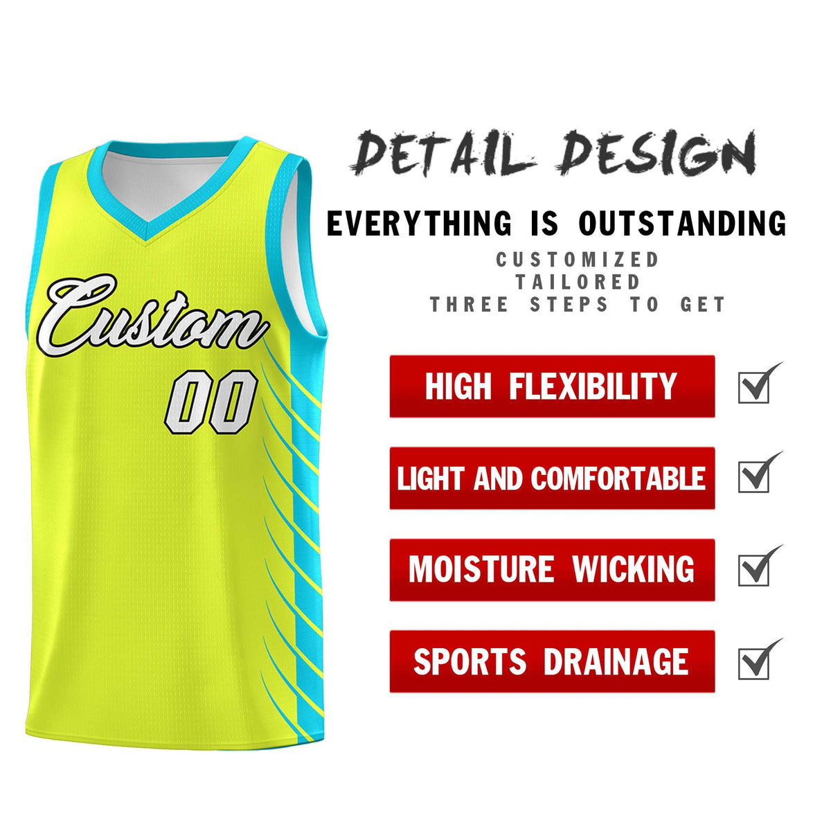 Custom Fluorescent Green Sky Blue Personalized Side Symmetrical Line Pattern Sports Uniform Basketball Jersey