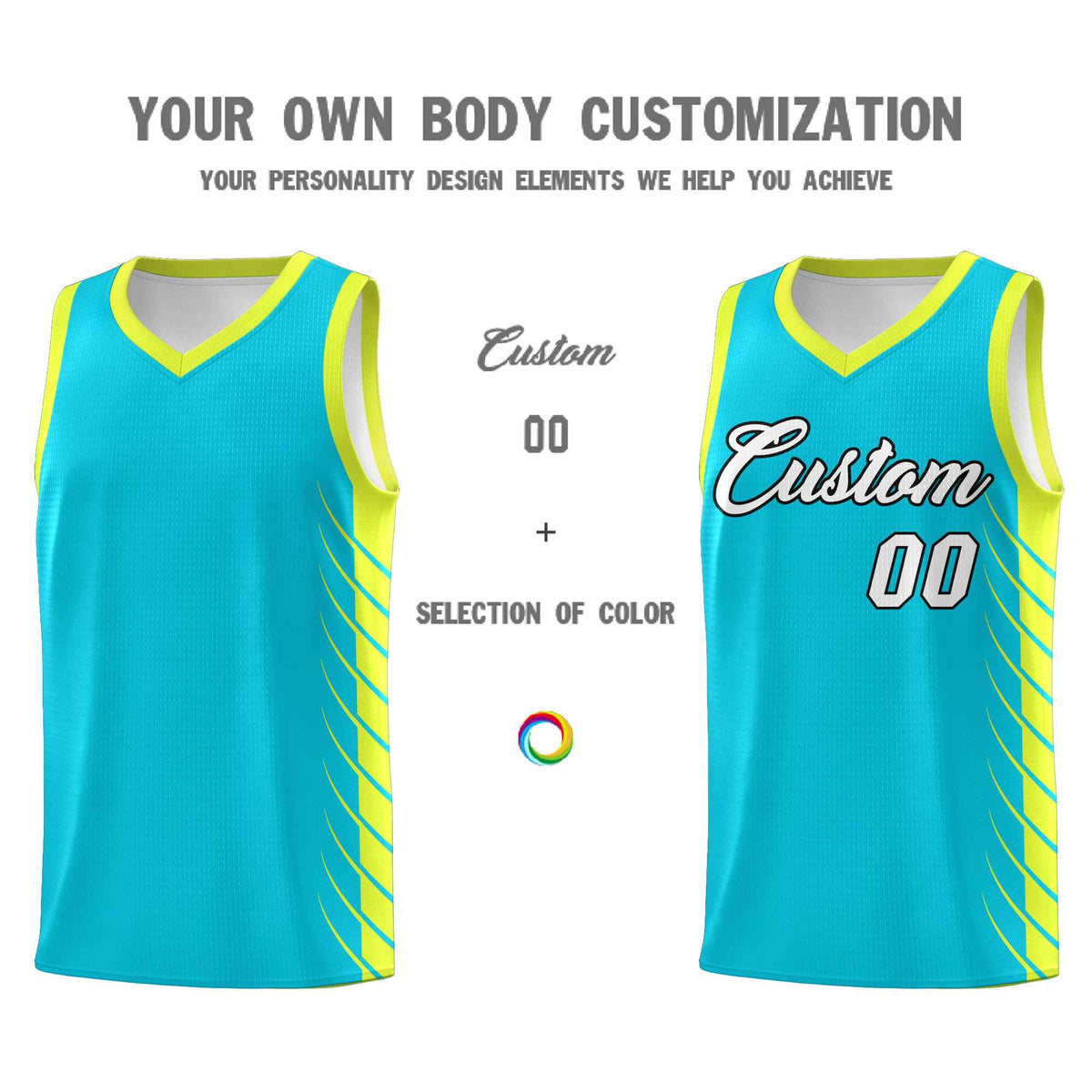Custom Sky Blue Fluorescent Green Personalized Side Symmetrical Line Pattern Sports Uniform Basketball Jersey