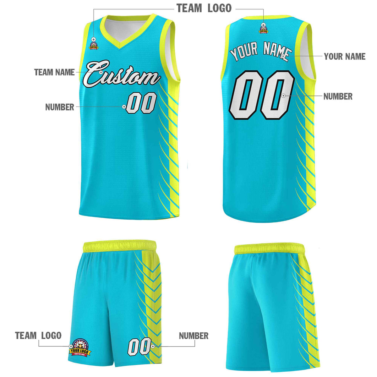 Custom Sky Blue Fluorescent Green Personalized Side Symmetrical Line Pattern Sports Uniform Basketball Jersey