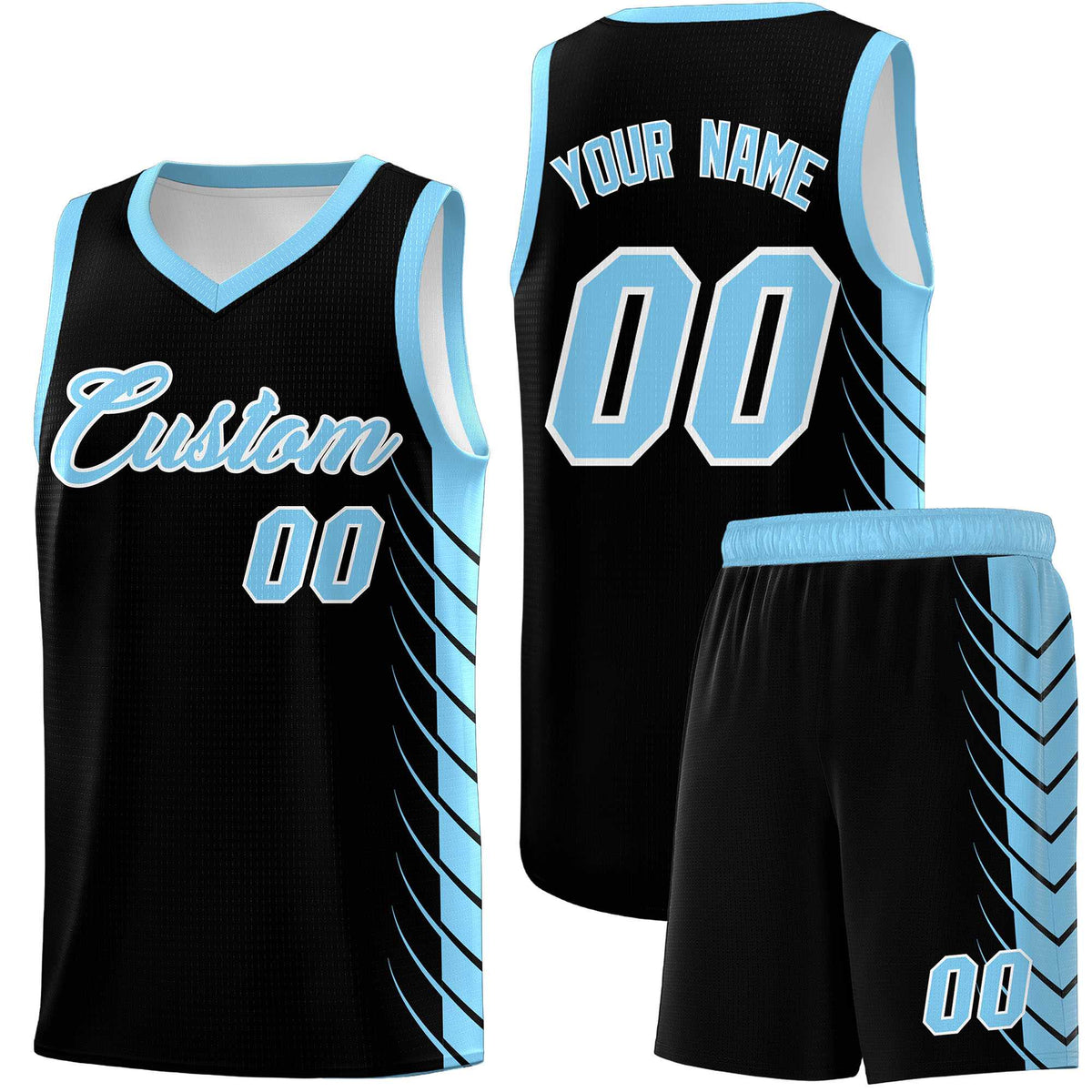 Custom Black Light Blue Personalized Side Symmetrical Line Pattern Sports Uniform Basketball Jersey