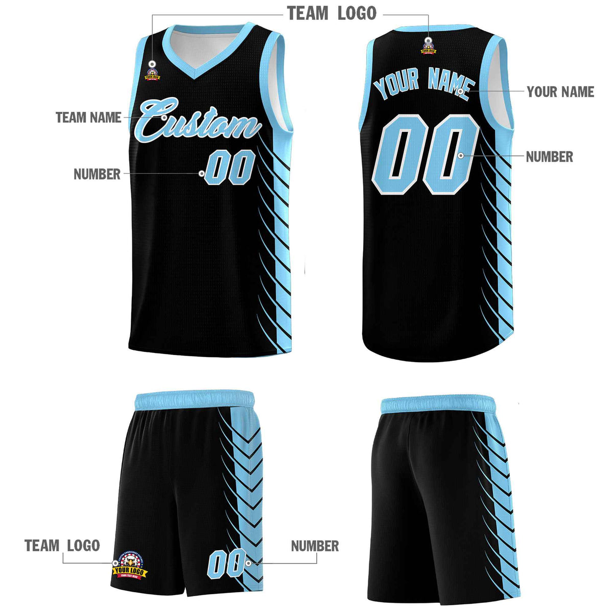 Custom Black Light Blue Personalized Side Symmetrical Line Pattern Sports Uniform Basketball Jersey
