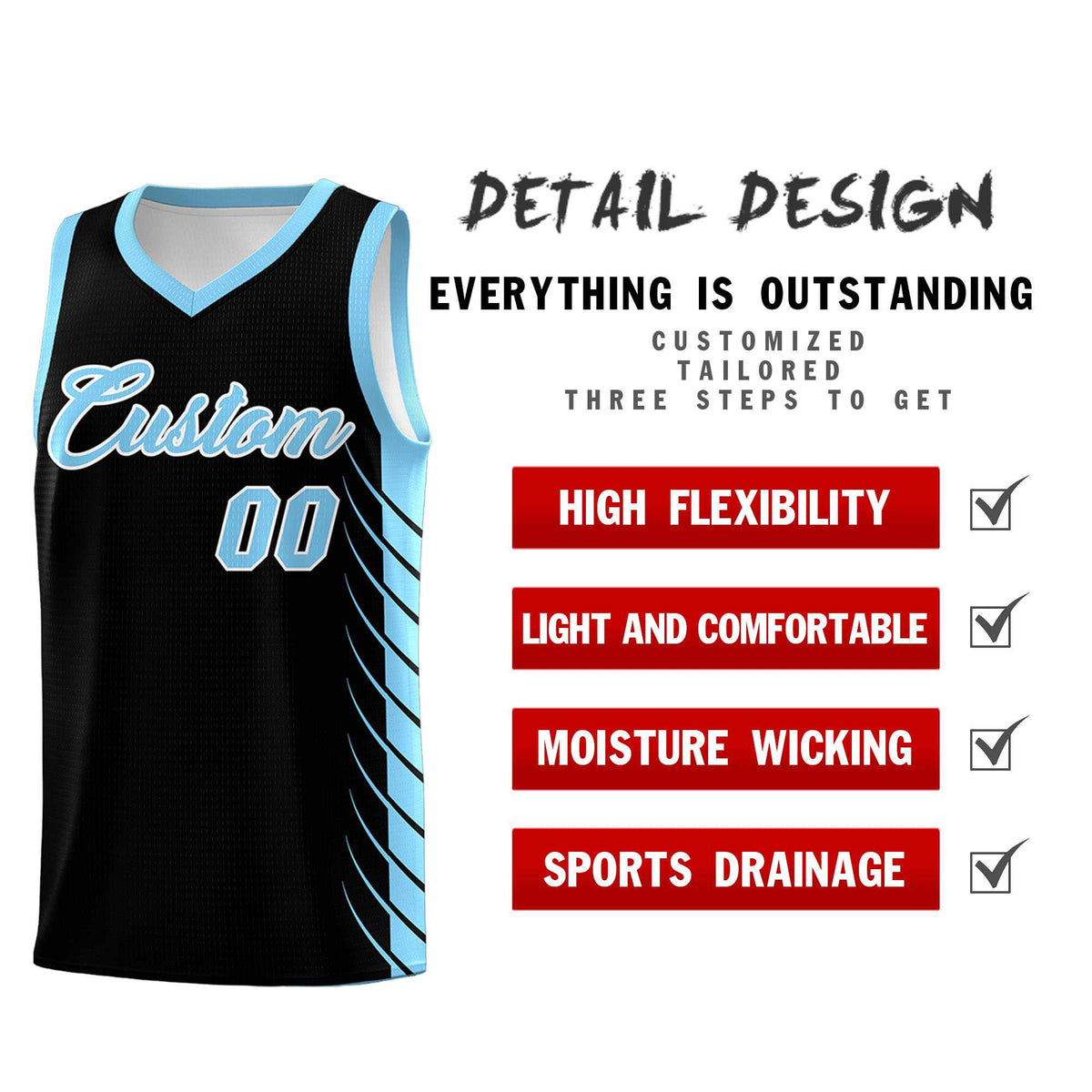 Custom Black Light Blue Personalized Side Symmetrical Line Pattern Sports Uniform Basketball Jersey