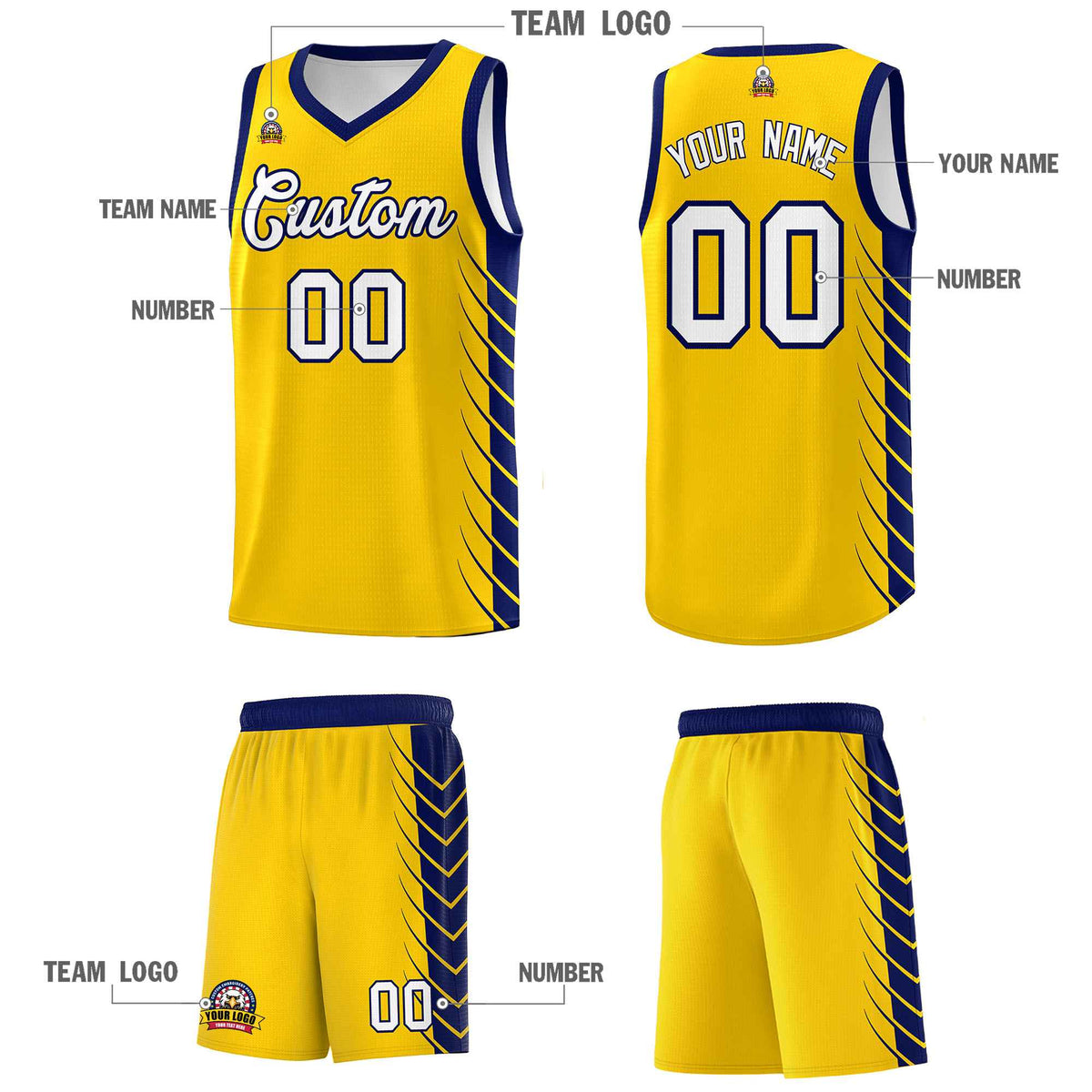 Custom Gold Navy Personalized Side Symmetrical Line Pattern Sports Uniform Basketball Jersey