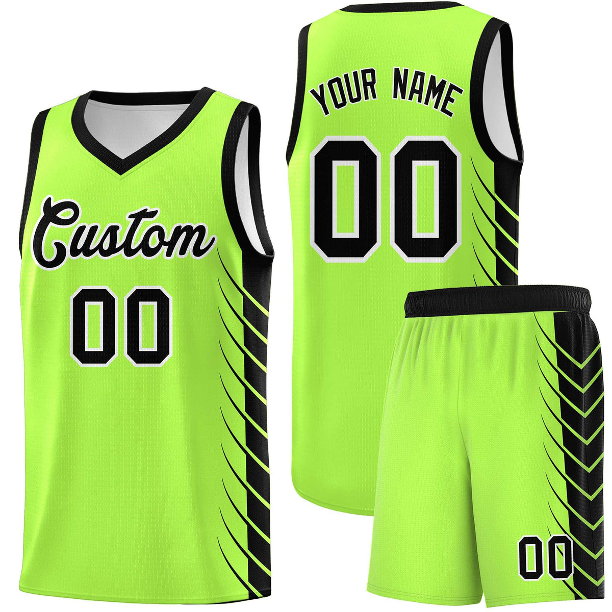 Custom Fluorescent Green Black Personalized Side Symmetrical Line Pattern Sports Uniform Basketball Jersey| KXKSHOP