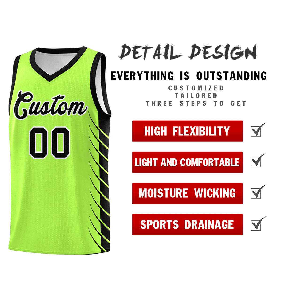 Custom Fluorescent Green Black Personalized Side Symmetrical Line Pattern Sports Uniform Basketball Jersey| KXKSHOP