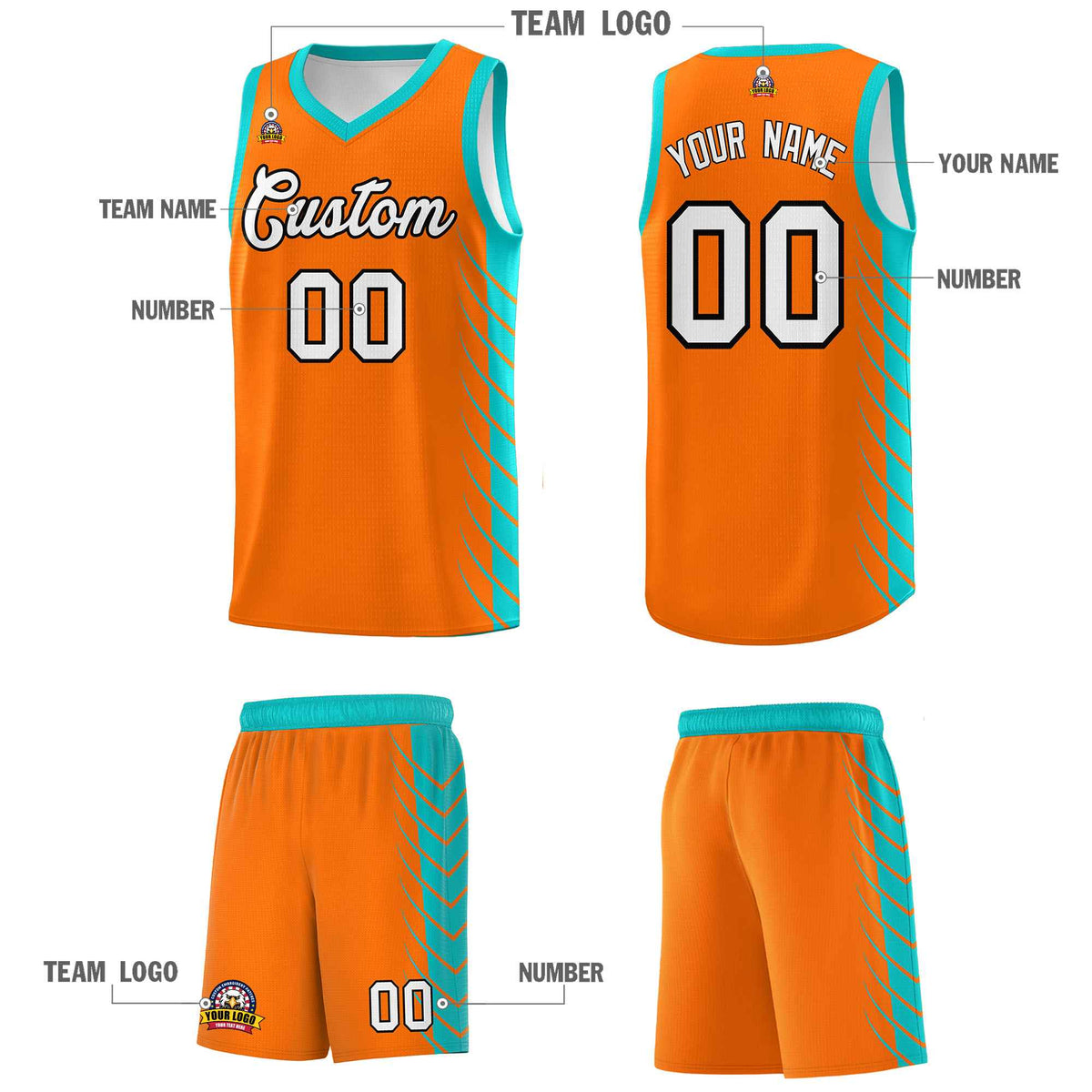 Custom Orange Aqua Personalized Side Symmetrical Line Pattern Sports Uniform Basketball Jersey