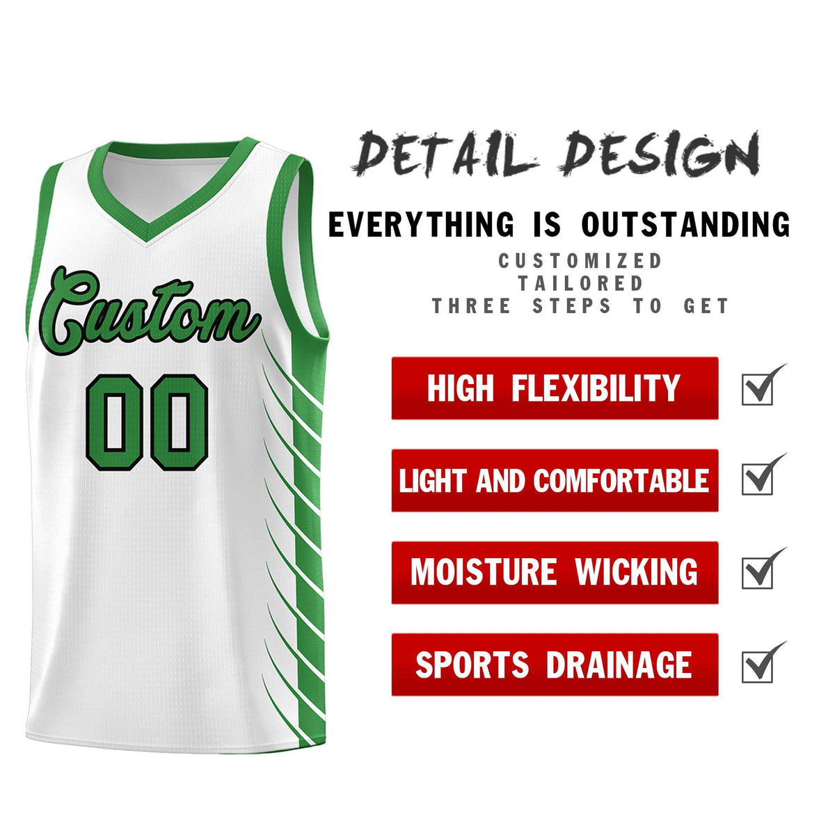 Custom White Kelly Green Personalized Side Symmetrical Line Pattern Sports Uniform Basketball Jersey| KXKSHOP