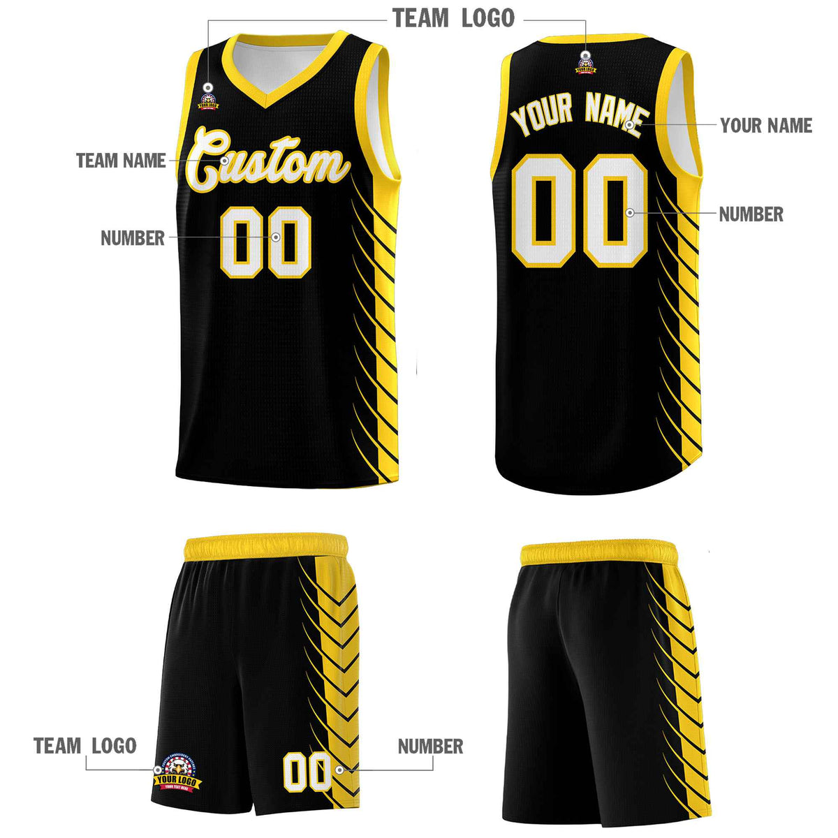 Custom Black Gold Personalized Side Symmetrical Line Pattern Sports Uniform Basketball Jersey