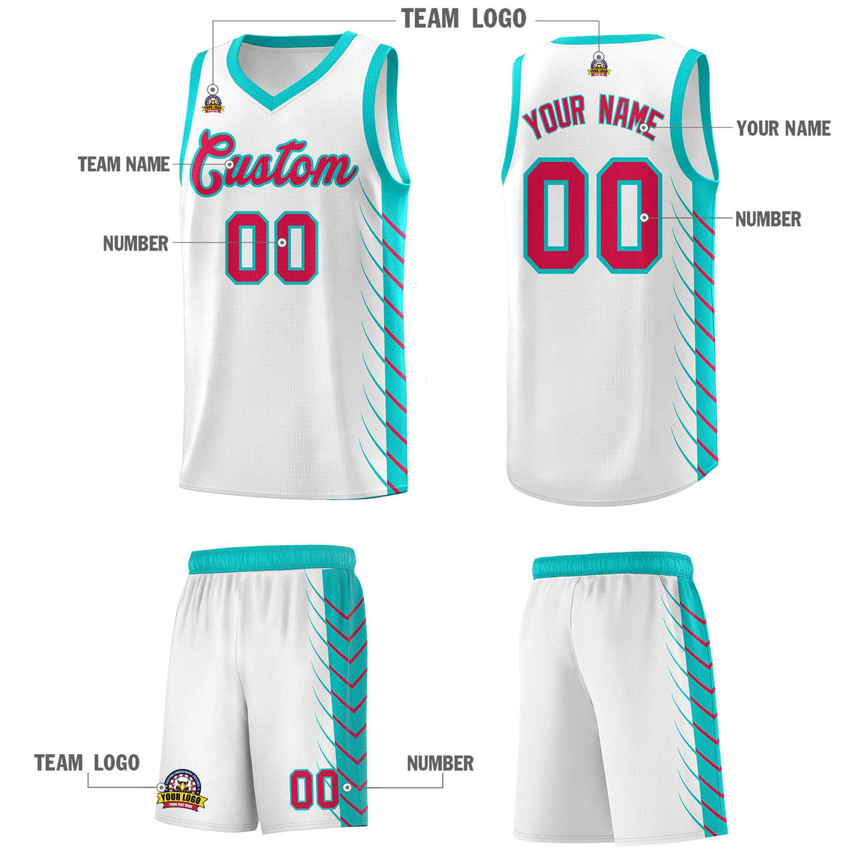 Custom White Aqua Personalized Side Symmetrical Line Pattern Sports Uniform Basketball Jersey