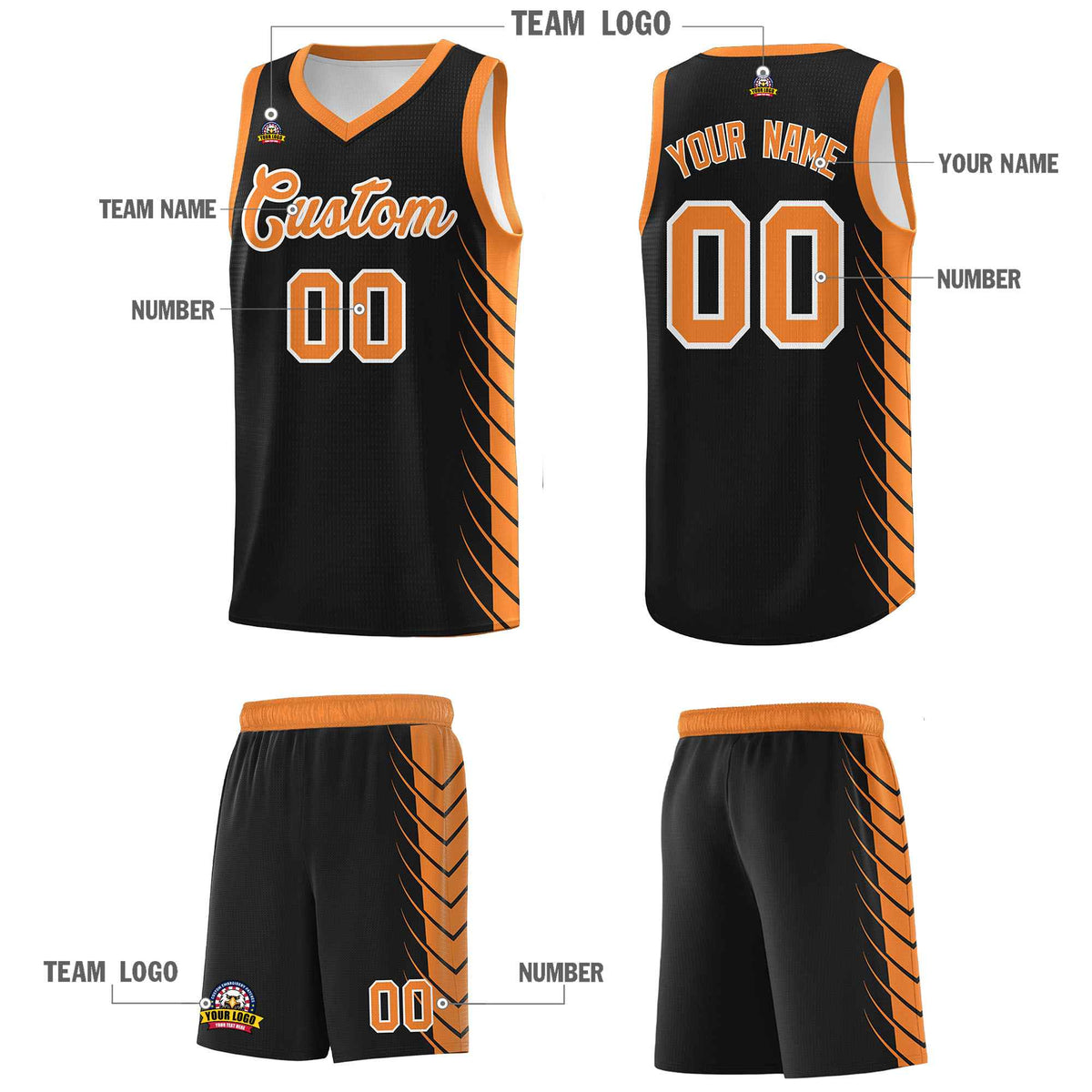Custom Black Gold Orange Personalized Side Symmetrical Line Pattern Sports Uniform Basketball Jersey