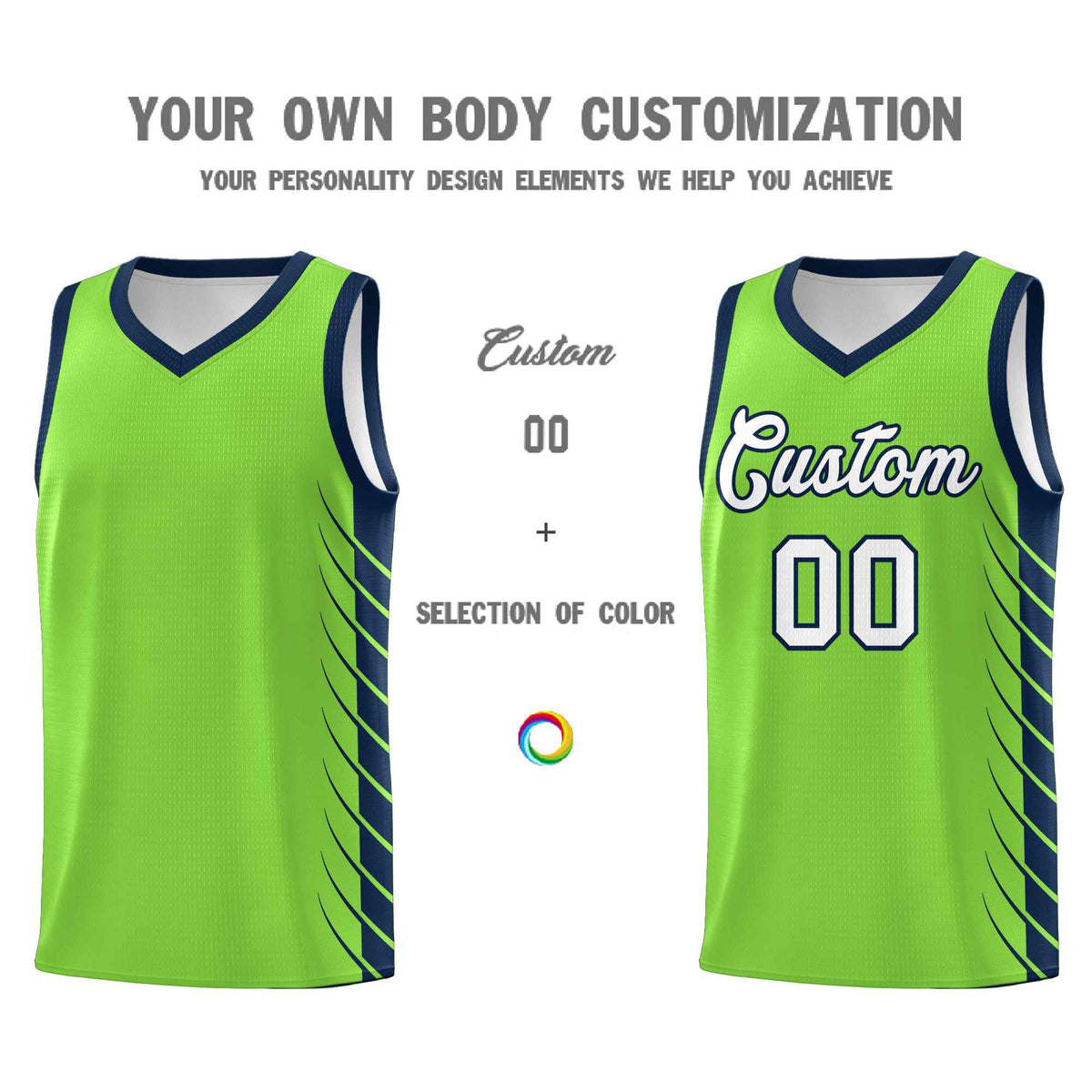 Custom Fluorescent Green Navy Personalized Side Symmetrical Line Pattern Sports Uniform Basketball Jersey| KXKSHOP