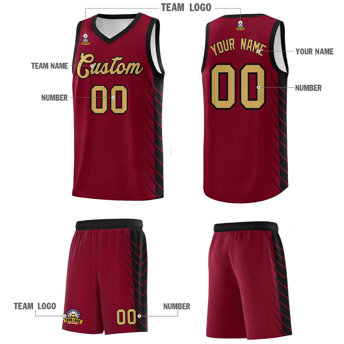 Custom Crimson Black Personalized Side Symmetrical Line Pattern Sports Uniform Basketball Jersey