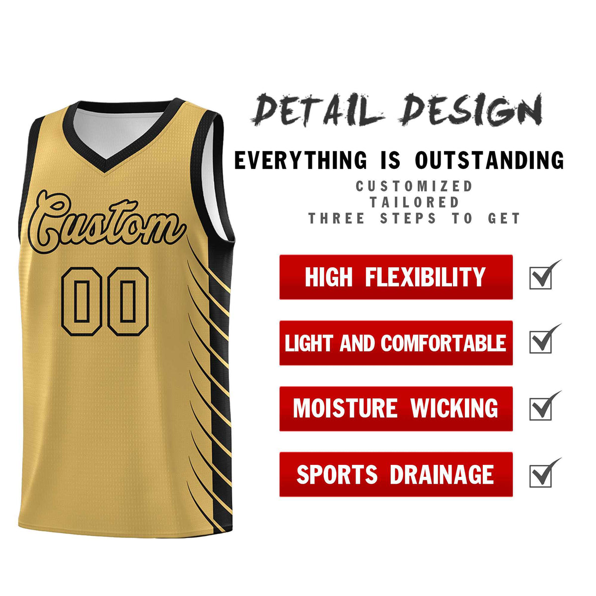 Custom Old Gold Black Personalized Side Symmetrical Line Pattern Sports Uniform Basketball Jersey| KXKSHOP