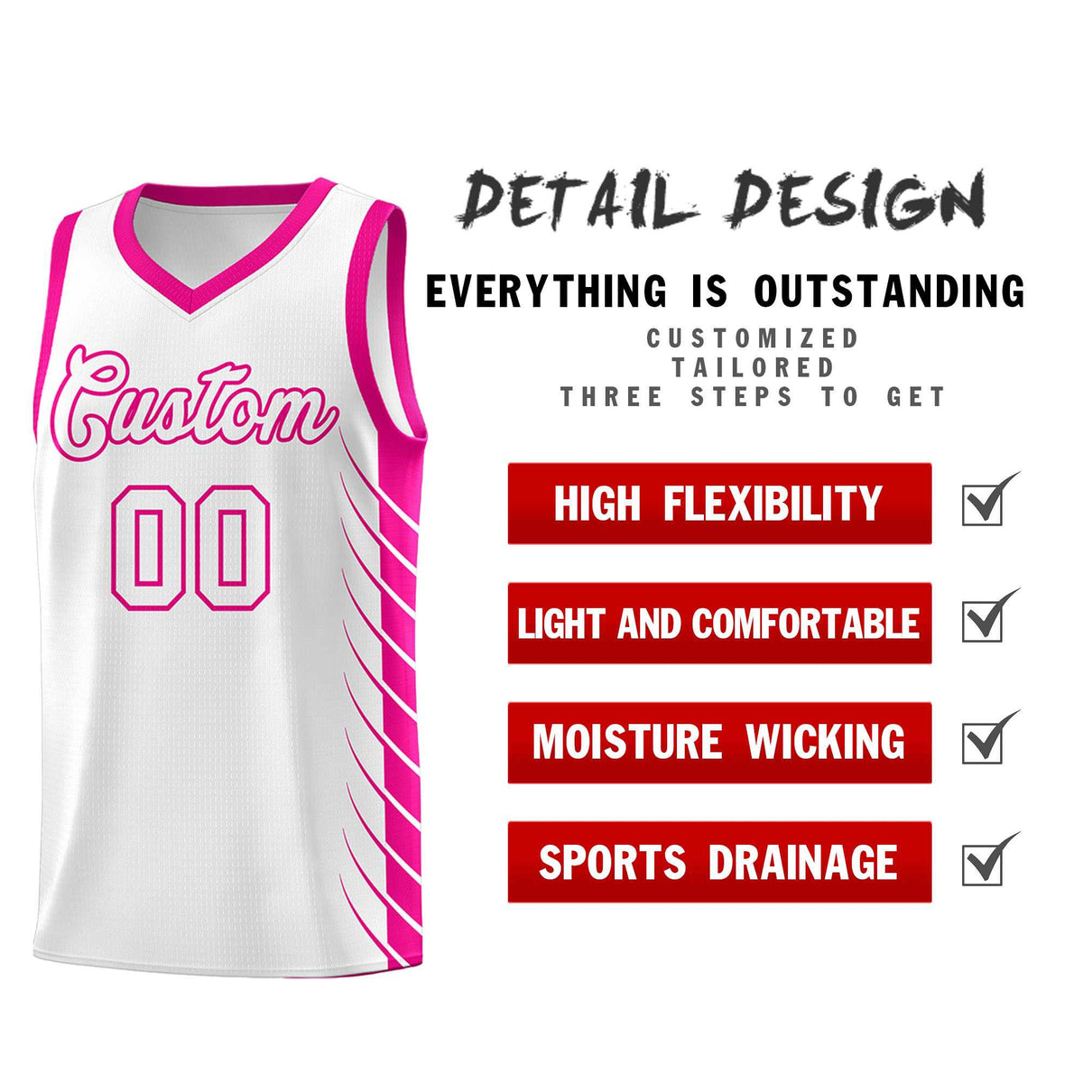 Custom White Pink Personalized Side Symmetrical Line Pattern Sports Uniform Basketball Jersey| KXKSHOP