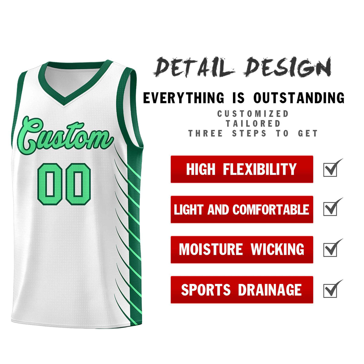Custom White Kelly Green Personalized Side Symmetrical Line Pattern Sports Uniform Basketball Jersey| KXKSHOP