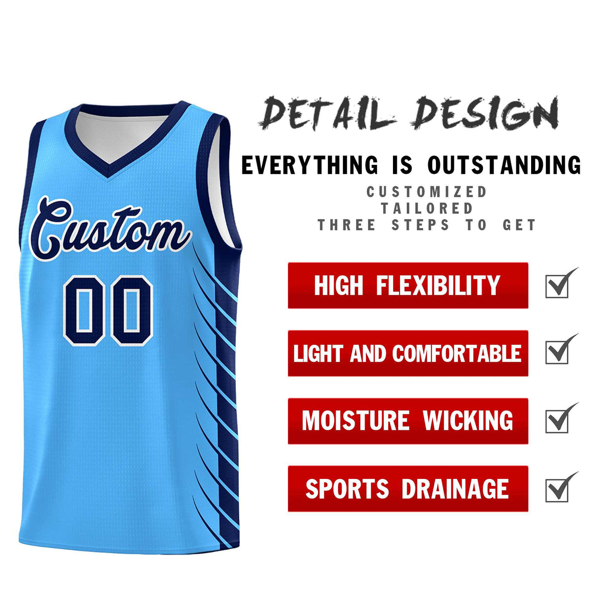 Custom Powder Blue Navy Personalized Side Symmetrical Line Pattern Sports Uniform Basketball Jersey| KXKSHOP