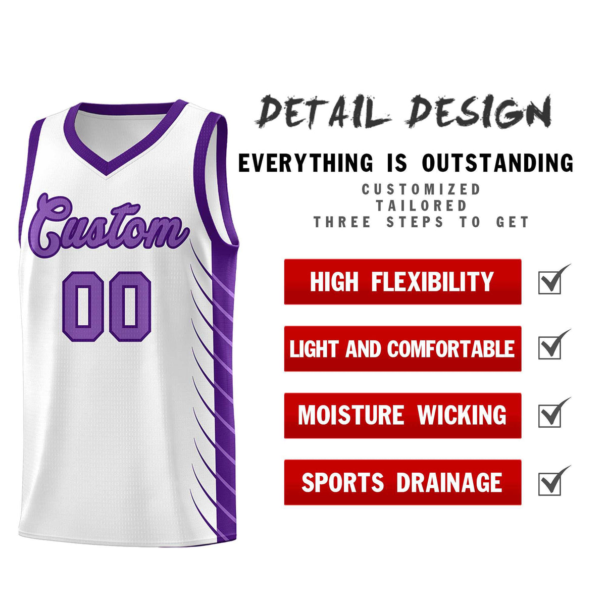Custom White Purple Personalized Side Symmetrical Line Pattern Sports Uniform Basketball Jersey| KXKSHOP