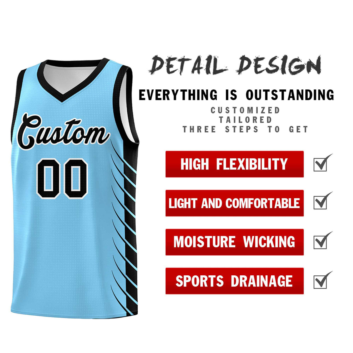Custom Light Blue Black Personalized Side Symmetrical Line Pattern Sports Uniform Basketball Jersey| KXKSHOP