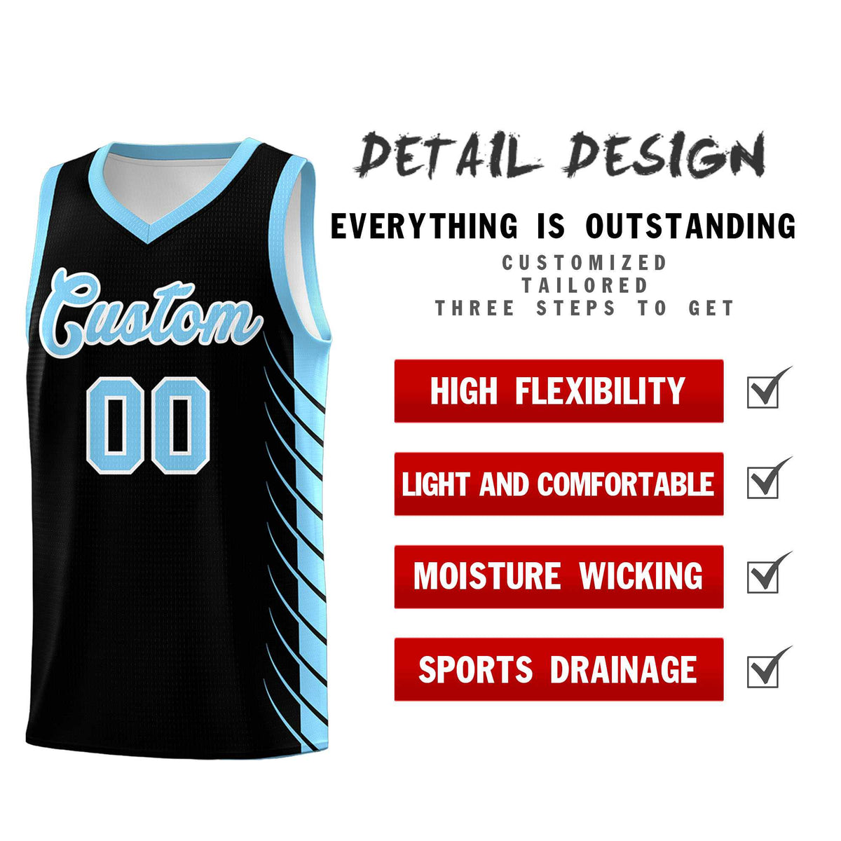 Custom Black Light Blue Personalized Side Symmetrical Line Pattern Sports Uniform Basketball Jersey| KXKSHOP