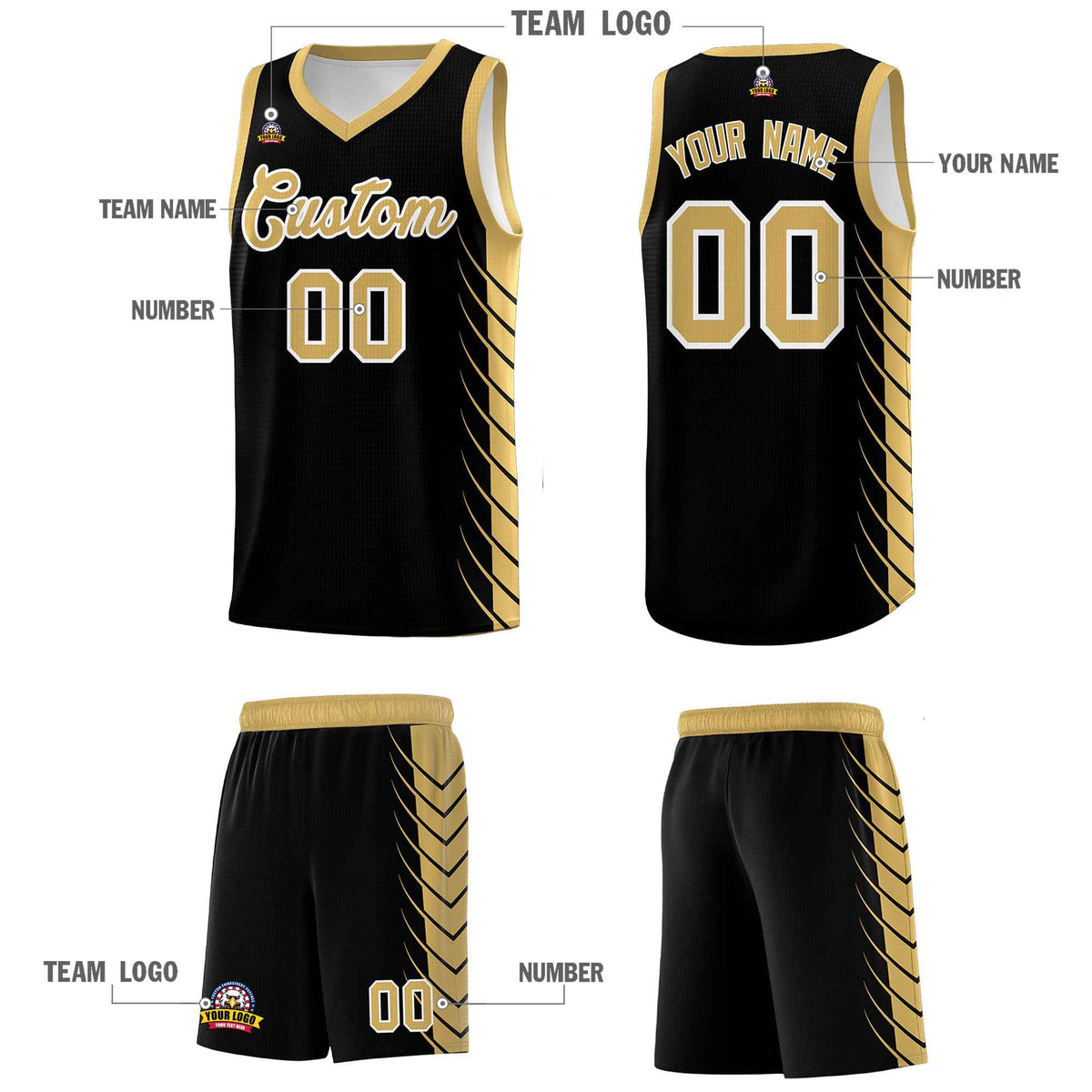 Custom Black Old Gold Personalized Side Symmetrical Line Pattern Sports Uniform Basketball Jersey