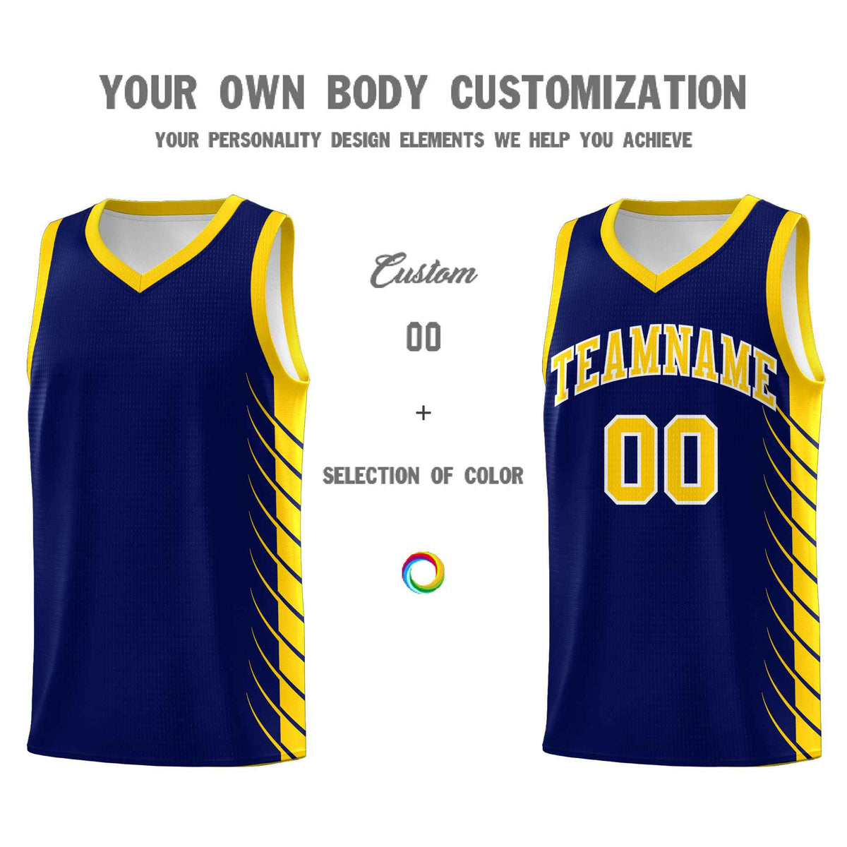 Custom Navy Gold Personalized Side Symmetrical Line Pattern Sports Uniform Basketball Jersey