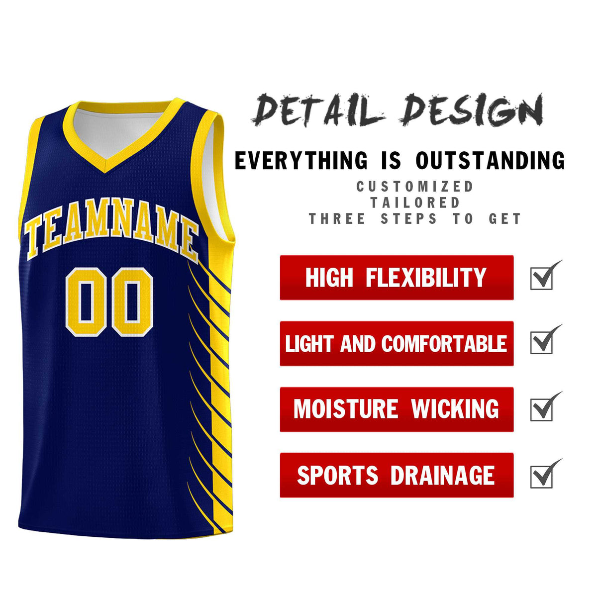 Custom Navy Gold Personalized Side Symmetrical Line Pattern Sports Uniform Basketball Jersey