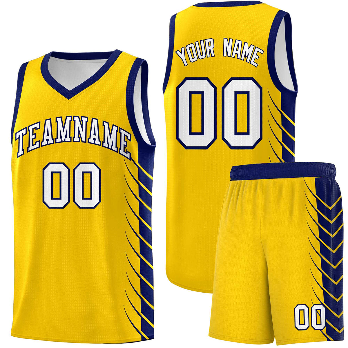 Custom Gold Navy Personalized Side Symmetrical Line Pattern Sports Uniform Basketball Jersey
