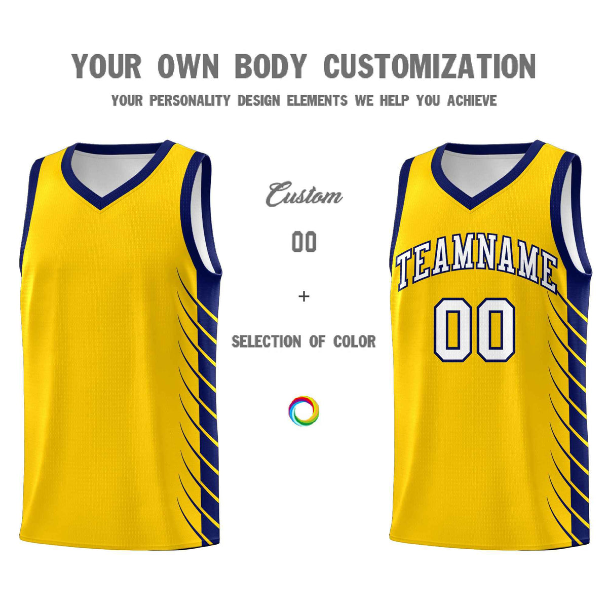 Custom Gold Navy Personalized Side Symmetrical Line Pattern Sports Uniform Basketball Jersey