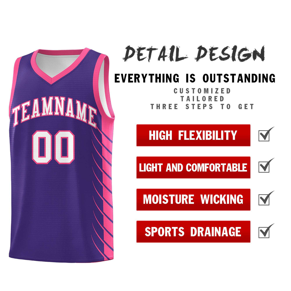 Custom Purple Pink Personalized Side Symmetrical Line Pattern Sports Uniform Basketball Jersey