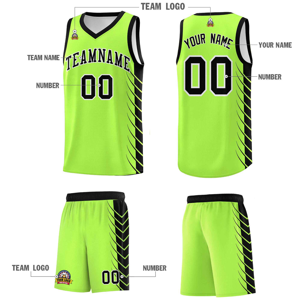 Custom Fluorescent Green Black Personalized Side Symmetrical Line Pattern Sports Uniform Basketball Jersey
