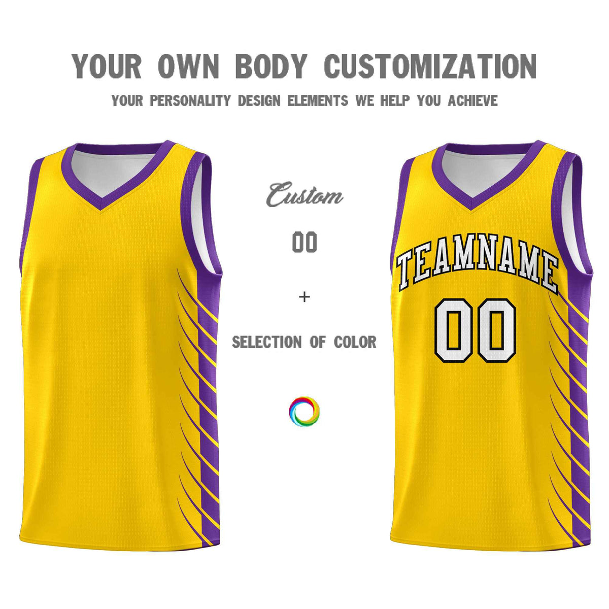 Custom Gold Purple Personalized Side Symmetrical Line Pattern Sports Uniform Basketball Jersey