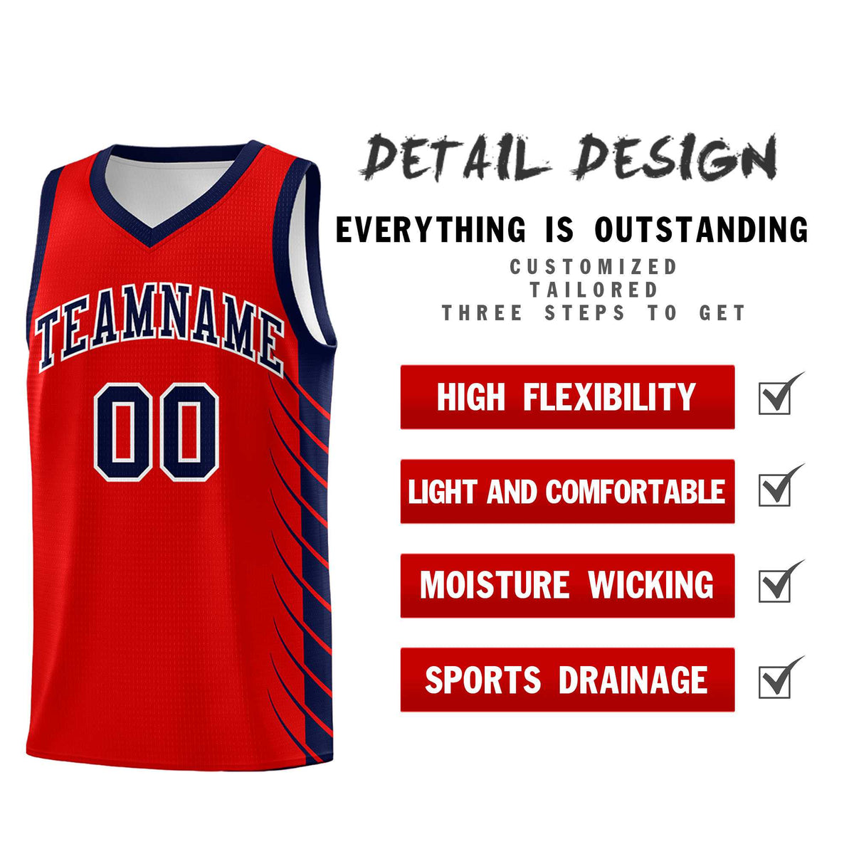Custom Red Navy Personalized Side Symmetrical Line Pattern Sports Uniform Basketball Jersey