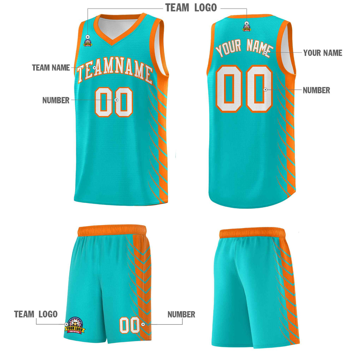 Custom Aqua Orange Personalized Side Symmetrical Line Pattern Sports Uniform Basketball Jersey