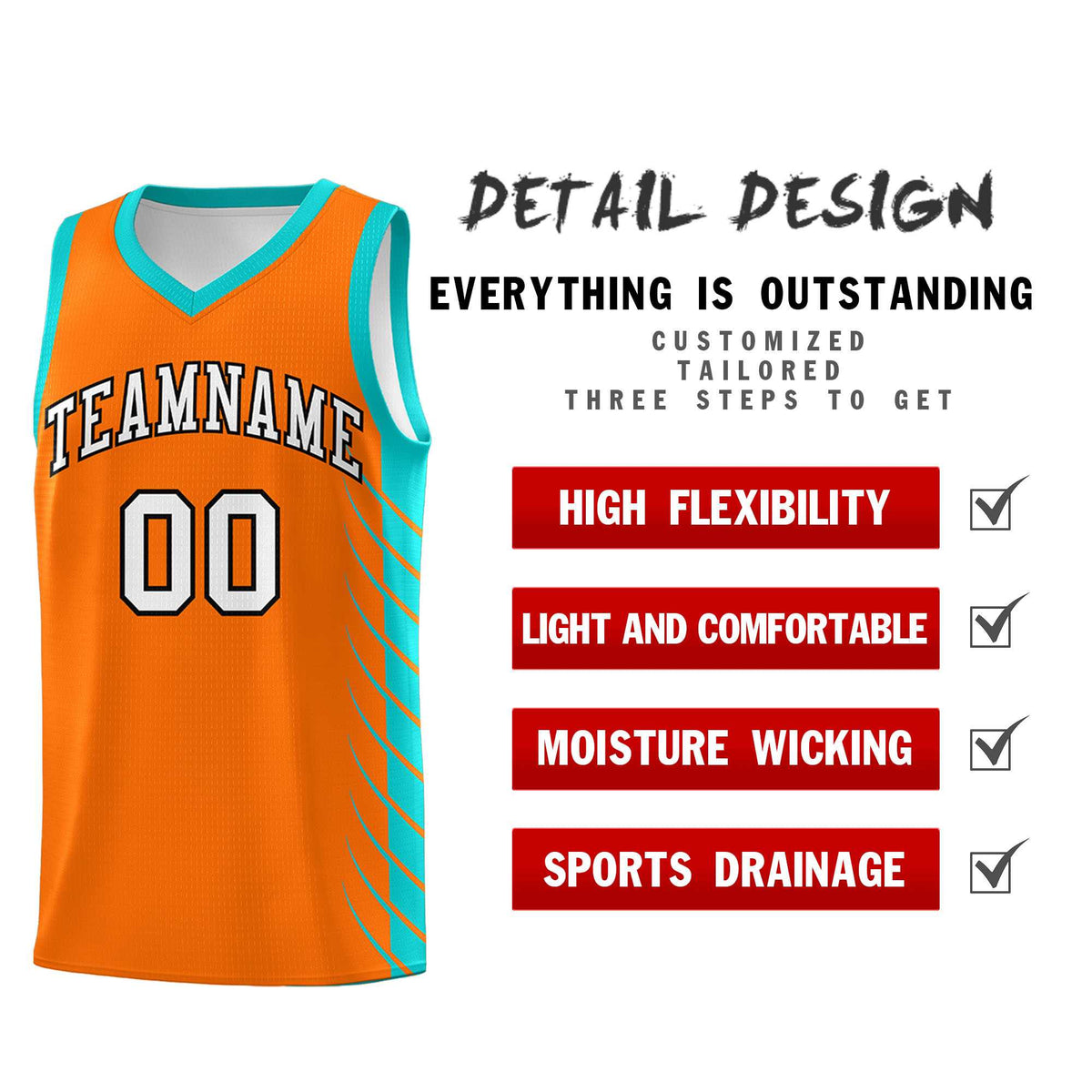 Custom Orange Aqua Personalized Side Symmetrical Line Pattern Sports Uniform Basketball Jersey