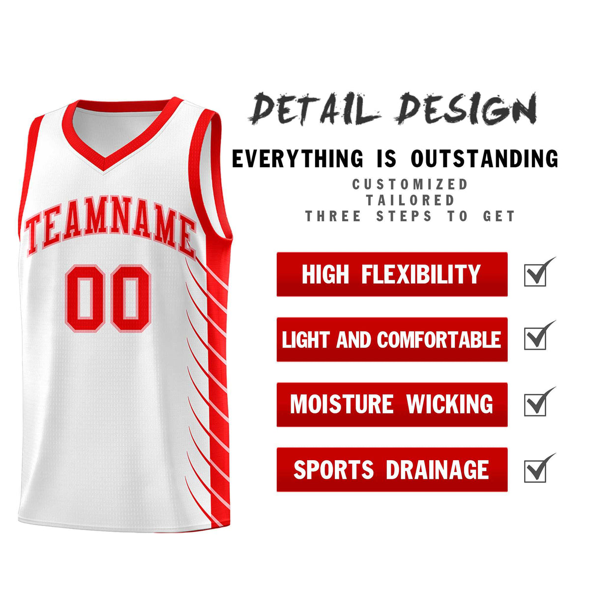 Custom White Light Red Personalized Side Symmetrical Line Pattern Sports Uniform Basketball Jersey