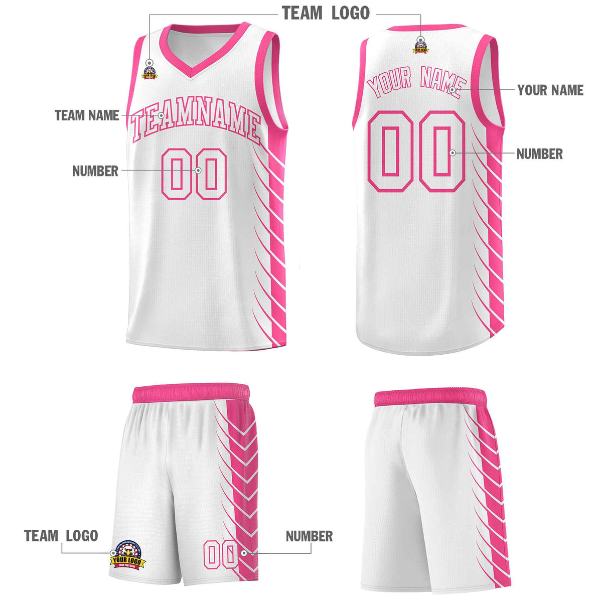 Custom White Pink Personalized Side Symmetrical Line Pattern Sports Uniform Basketball Jersey