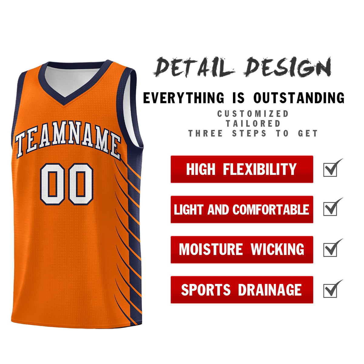 Custom Orange Navy Personalized Side Symmetrical Line Pattern Sports Uniform Basketball Jersey
