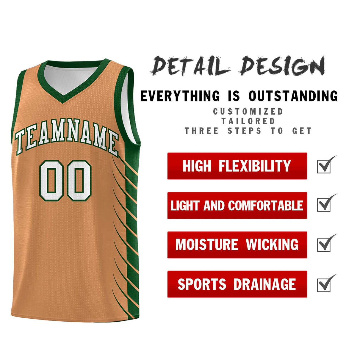 Custom Buckskin Brown Green Personalized Side Symmetrical Line Pattern Sports Uniform Basketball Jersey