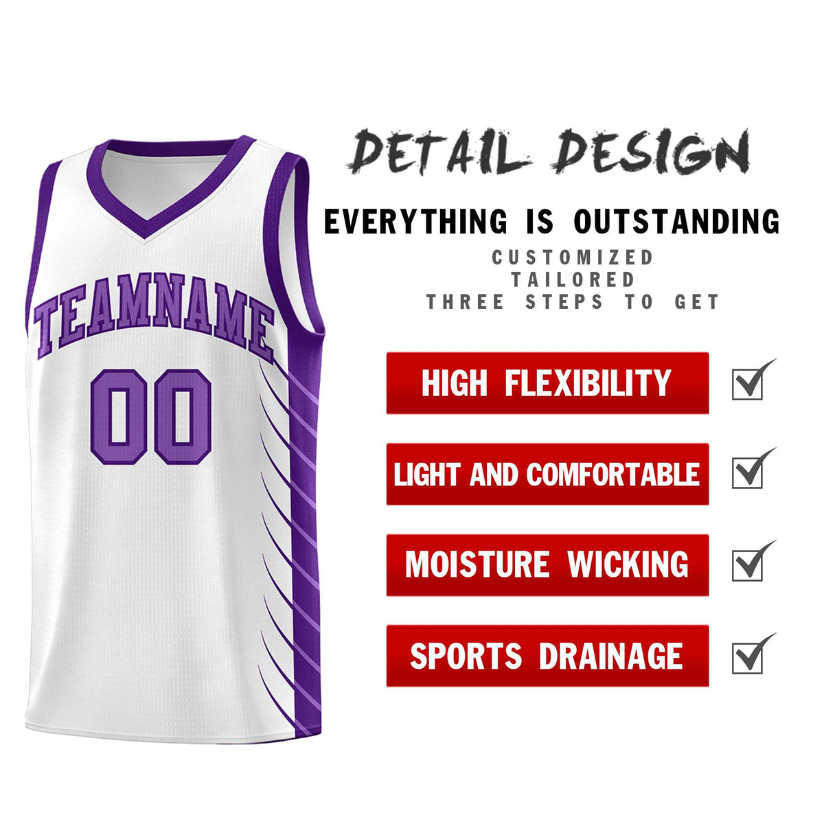 Custom White Purple Personalized Side Symmetrical Line Pattern Sports Uniform Basketball Jersey
