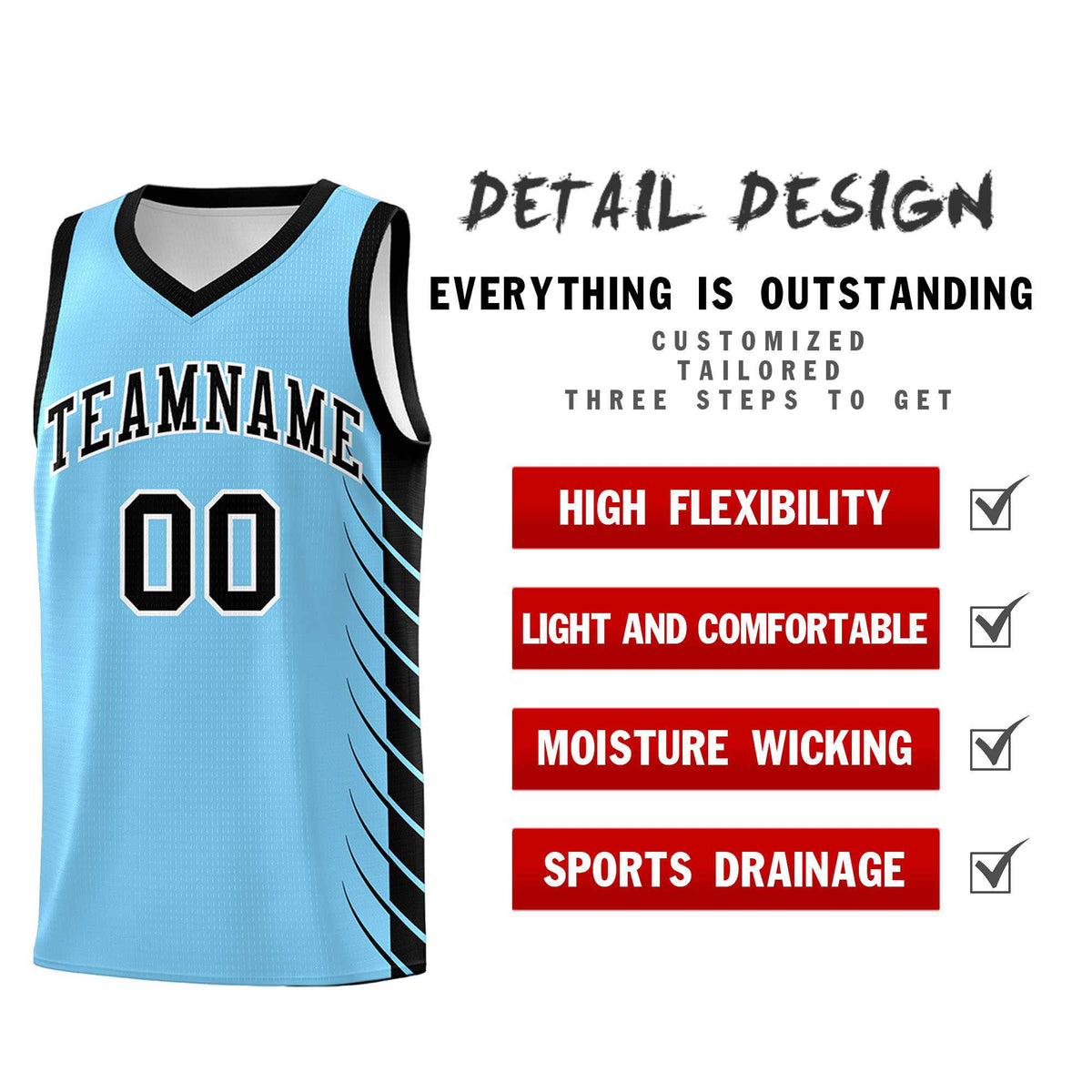 Custom Light Blue Black Personalized Side Symmetrical Line Pattern Sports Uniform Basketball Jersey