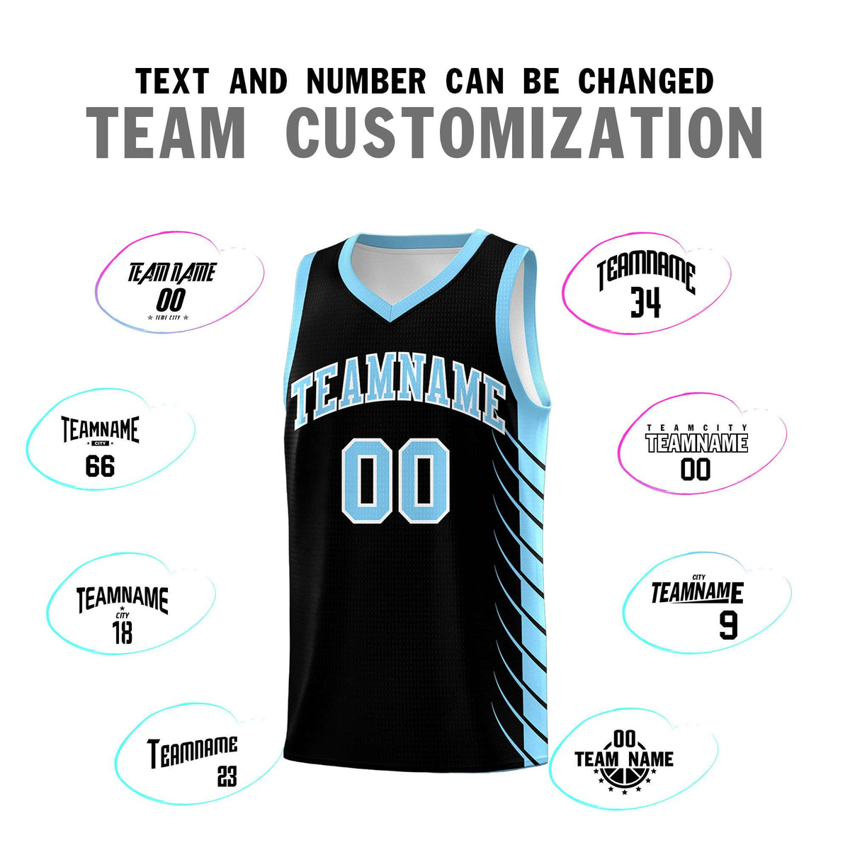 Custom Black Light Blue Personalized Side Symmetrical Line Pattern Sports Uniform Basketball Jersey