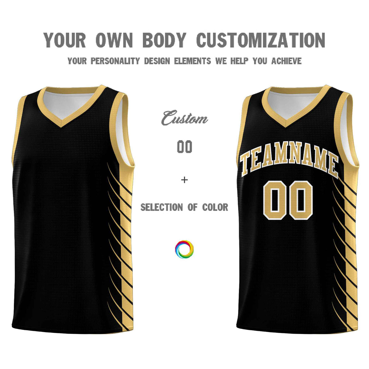 Custom Black Old Gold Personalized Side Symmetrical Line Pattern Sports Uniform Basketball Jersey