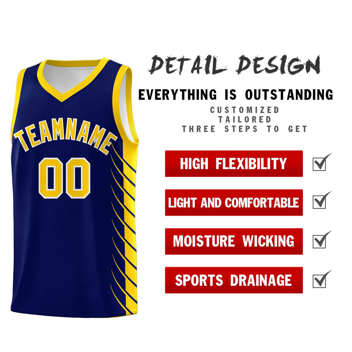 Custom Navy Gold Personalized Side Symmetrical Line Pattern Sports Uniform Basketball Jersey
