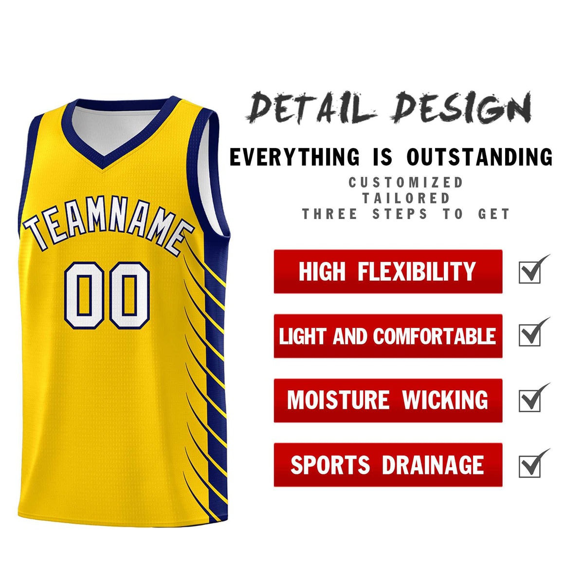 Custom Gold Navy Personalized Side Symmetrical Line Pattern Sports Uniform Basketball Jersey