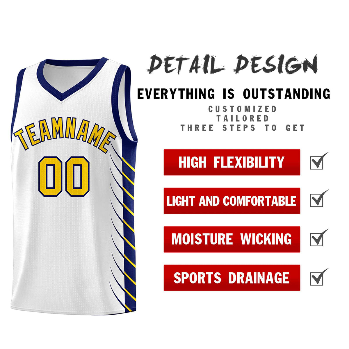 Custom White Navy Personalized Side Symmetrical Line Pattern Sports Uniform Basketball Jersey