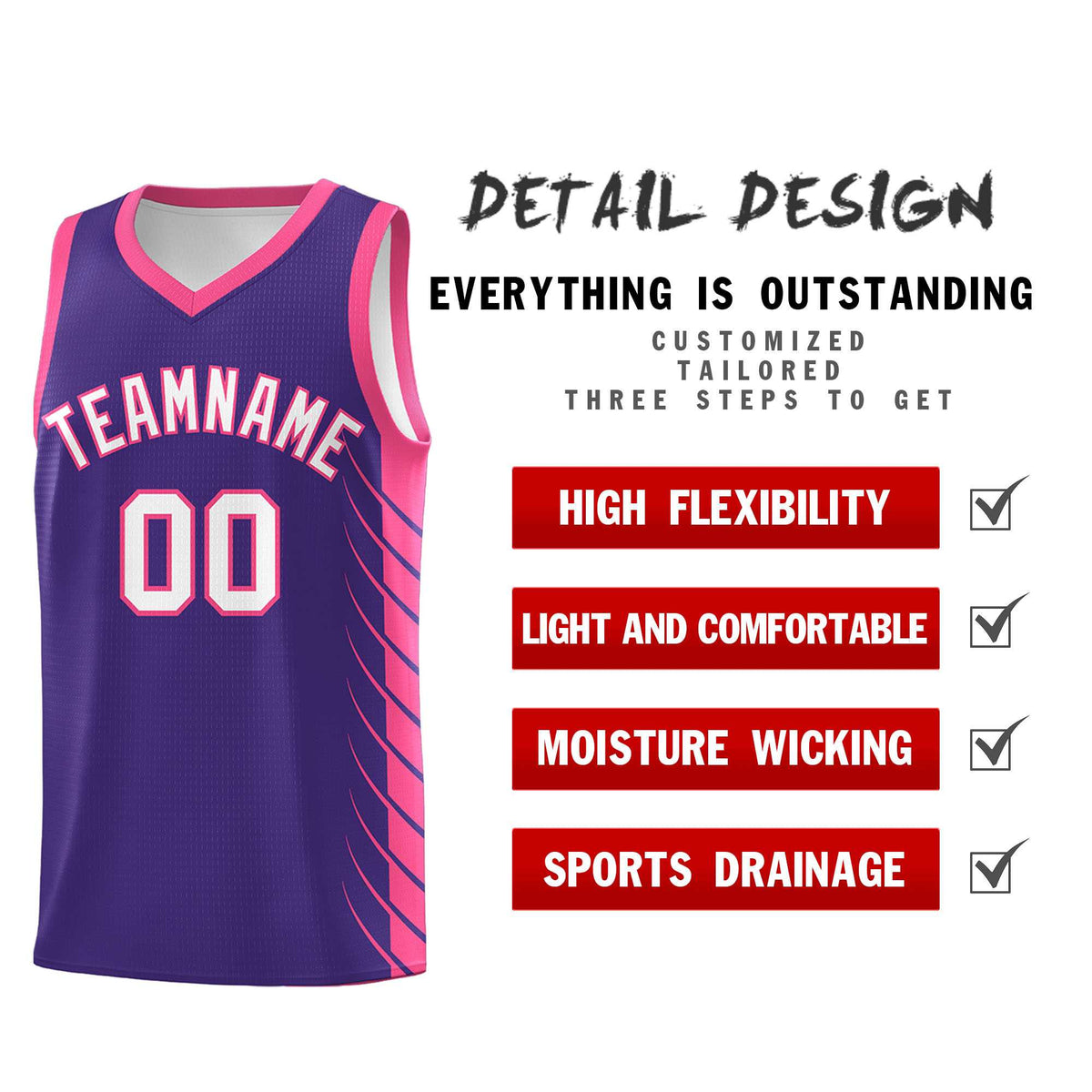 Custom Purple Pink Personalized Side Symmetrical Line Pattern Sports Uniform Basketball Jersey