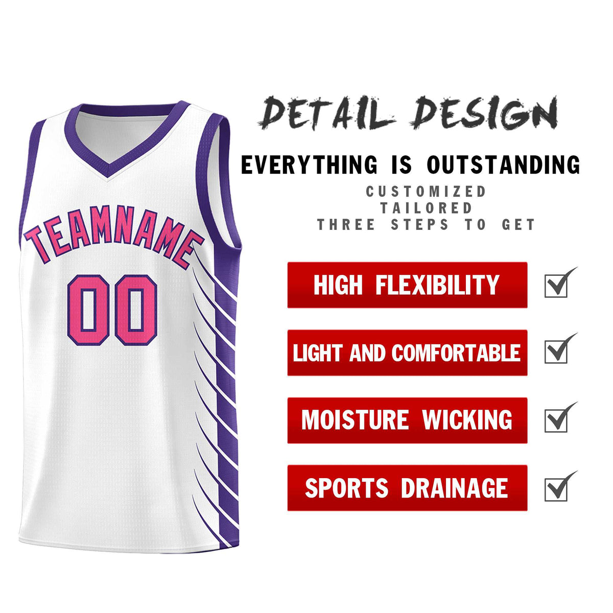 Custom White Purple Personalized Side Symmetrical Line Pattern Sports Uniform Basketball Jersey