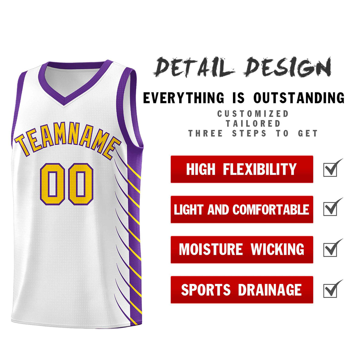 Custom White Purple Personalized Side Symmetrical Line Pattern Sports Uniform Basketball Jersey