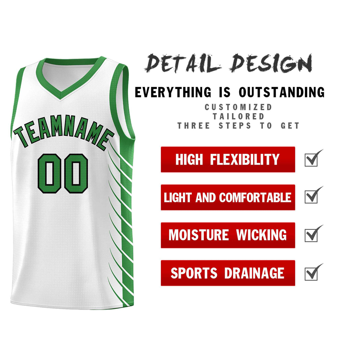 Custom White Kelly Green Personalized Side Symmetrical Line Pattern Sports Uniform Basketball Jersey