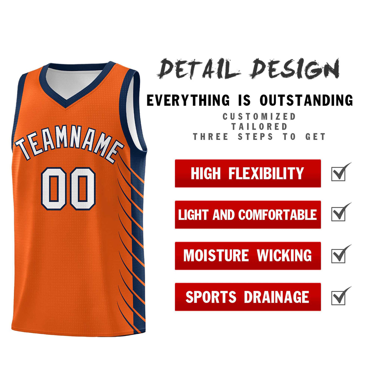Custom Orange Navy Personalized Side Symmetrical Line Pattern Sports Uniform Basketball Jersey